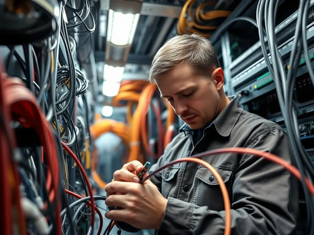 A close-up shot of a technician splicing fiber optic cables in a data center, highlighting the precision and expertise involved in building GlobeLink Fiber's network.